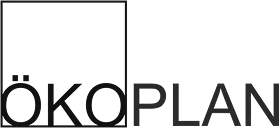 Logo with a black outlined square on the left and the word ÖKOPLAN in bold capital letters to the right, with ÖKO in a thicker font than PLAN.